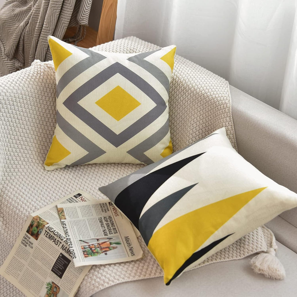 Tosewever Set of 4 Decorative Geometric Yellow Grey 18 x 18 Inches Throw Pillow Covers - Modern Pattern Linen Square Pillow Cushion Case fo…
