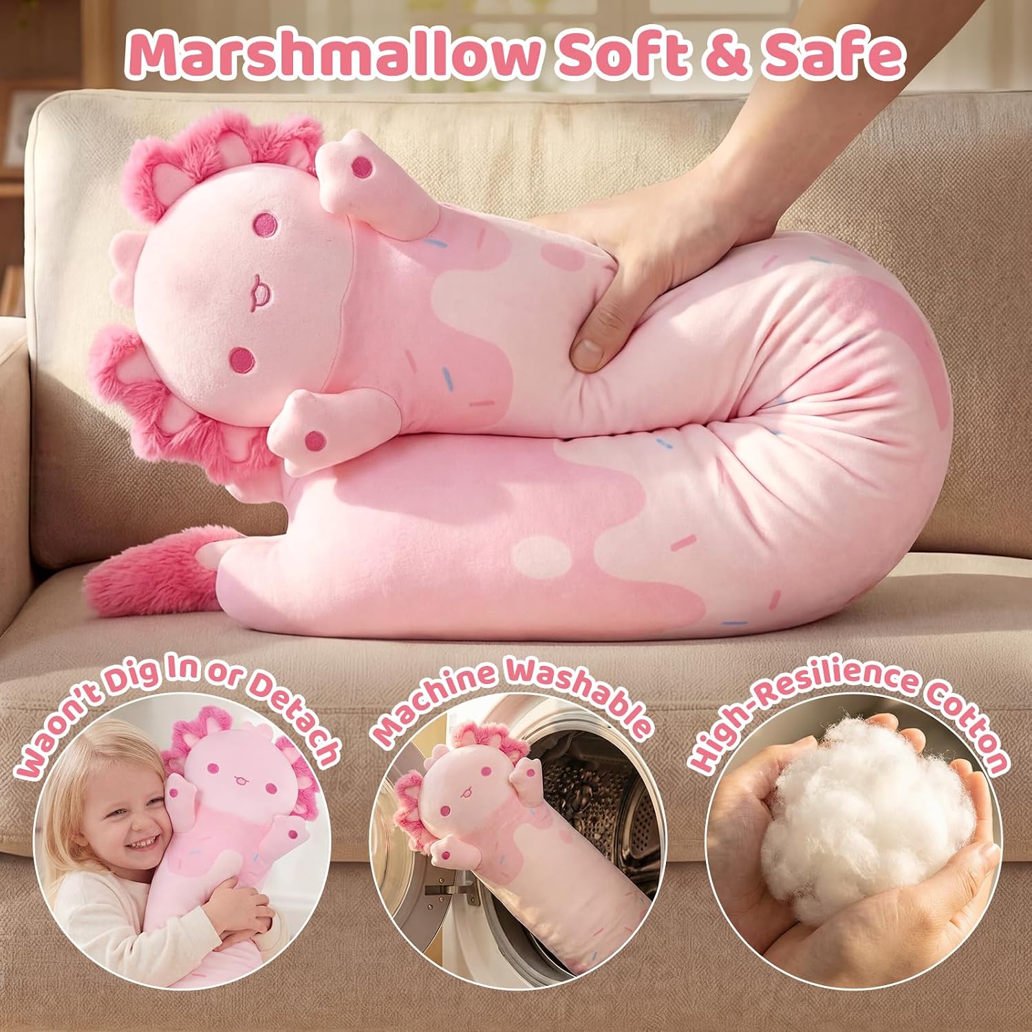 Mewaii Long Axolotl Plush 5 Sizes, 120% Extra Filling Giant Plushness Kids Body Pillow, Kawaii Cute Pink Axolotl Stuffed Animals…