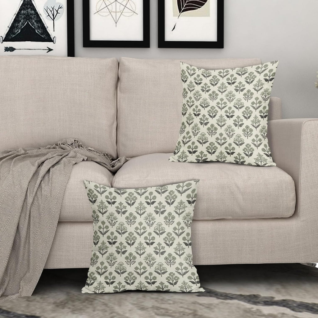 Black Sage Green Floral Block Print Pillow Covers 20x20 Inch Set of 2, Vintage Flower Pattern Spring Summer Decorative Throw Pillowcases…