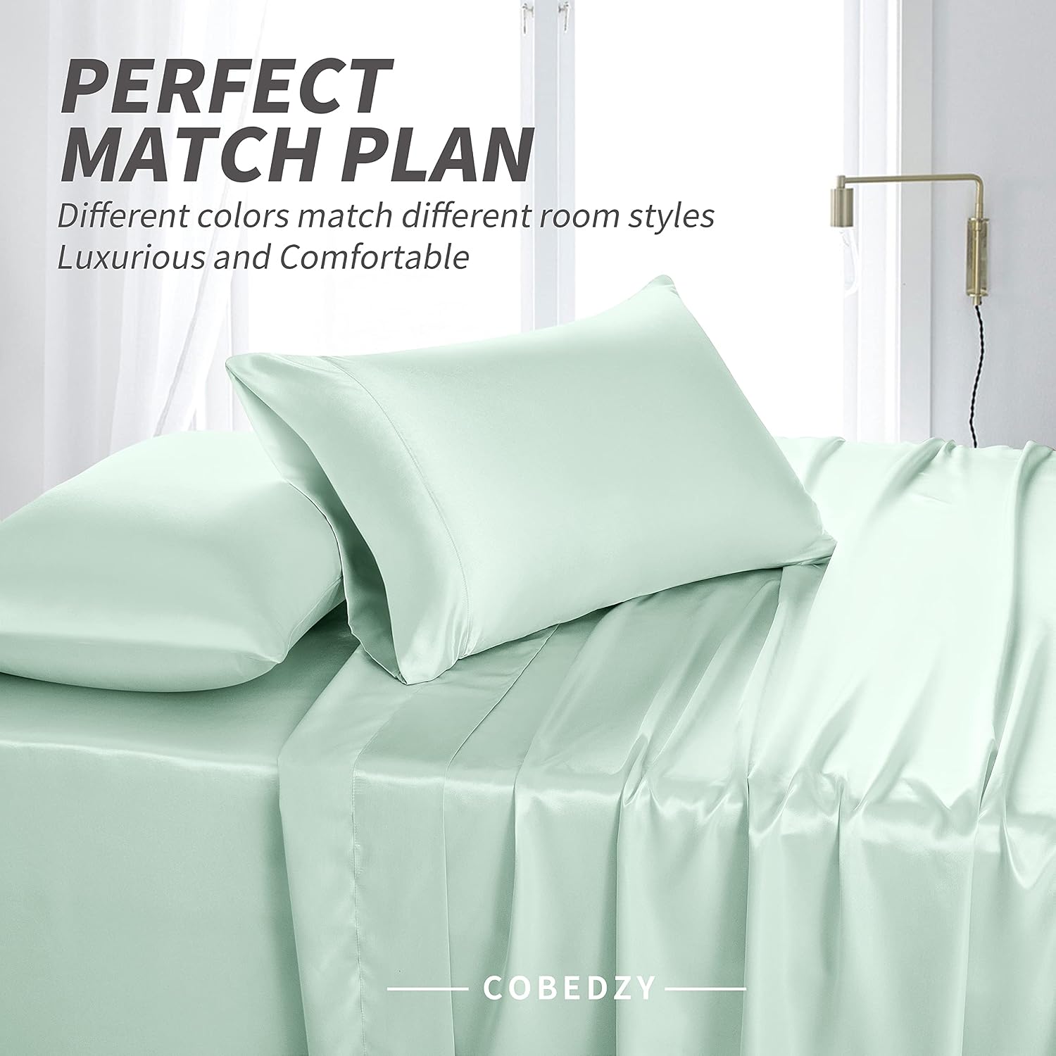 Cobedzy 3 Pieces Mint Green Satin Sheets Twin Size Bed Set, Luxury Silky Aqua Satin Bedding Sheets Set with 1 Deep Pocket Fitted Sheet, 1 S…