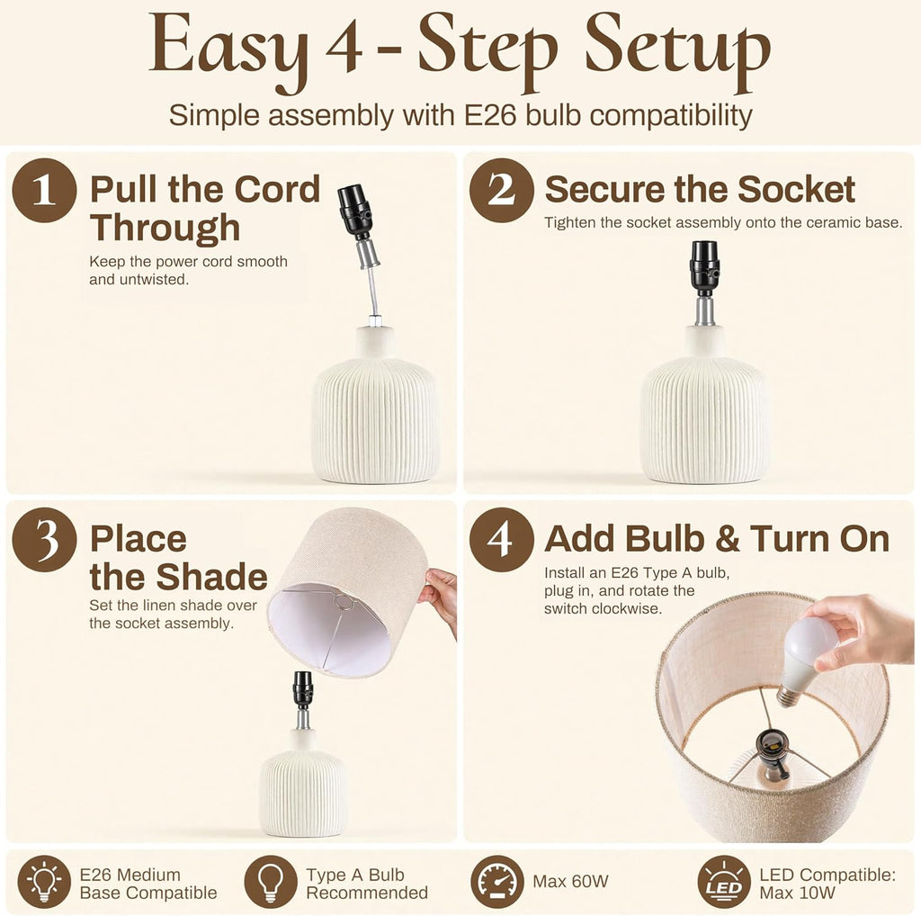 Ceramic Table Lamp, 17.75" Rustic Farmhouse Bedside Lamp with Beige Linen Shade, Warm Ambient Nightstand Lighting for Bedroom or Living…