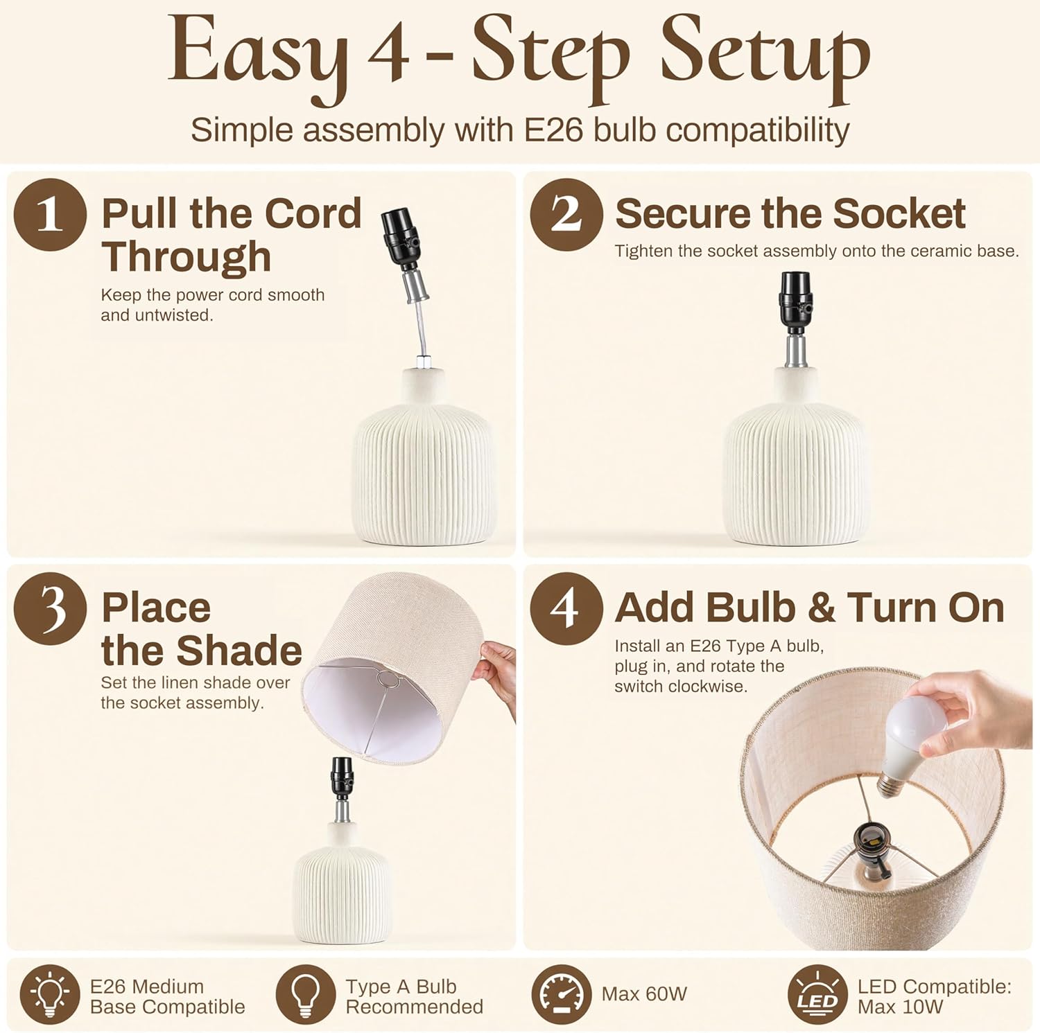 Ceramic Table Lamp, 17.75" Rustic Farmhouse Bedside Lamp with Beige Linen Shade, Warm Ambient Nightstand Lighting for Bedroom or Living…