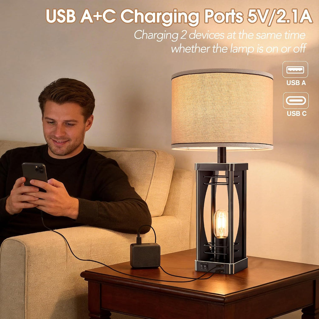 SRJJA Farmhouse Table Lamps Set of 2 for Living Room, Rustic Industrial Bedside Lamps with USB A+C Charging Ports, 22.5" Dual Light…