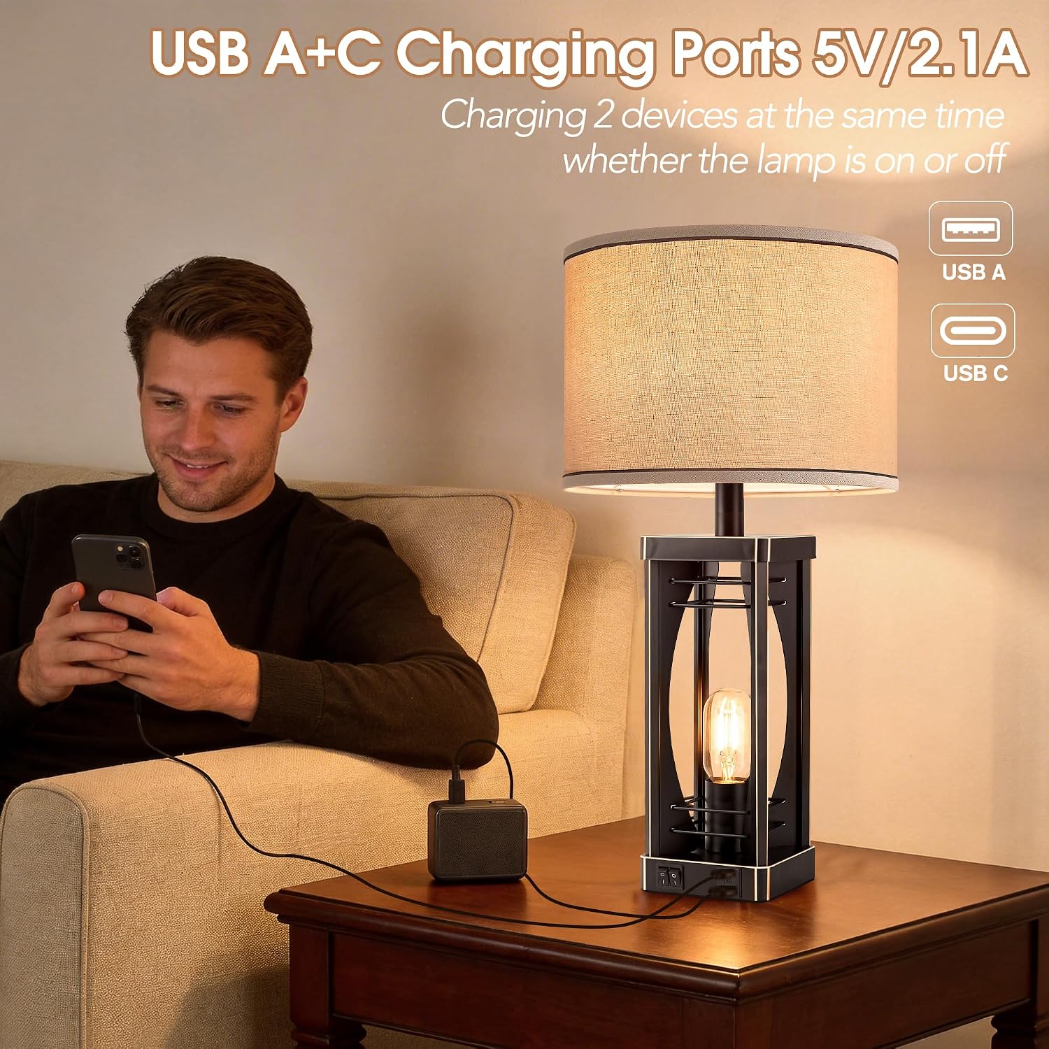 SRJJA Farmhouse Table Lamps Set of 2 for Living Room, Rustic Industrial Bedside Lamps with USB A+C Charging Ports, 22.5" Dual Light…
