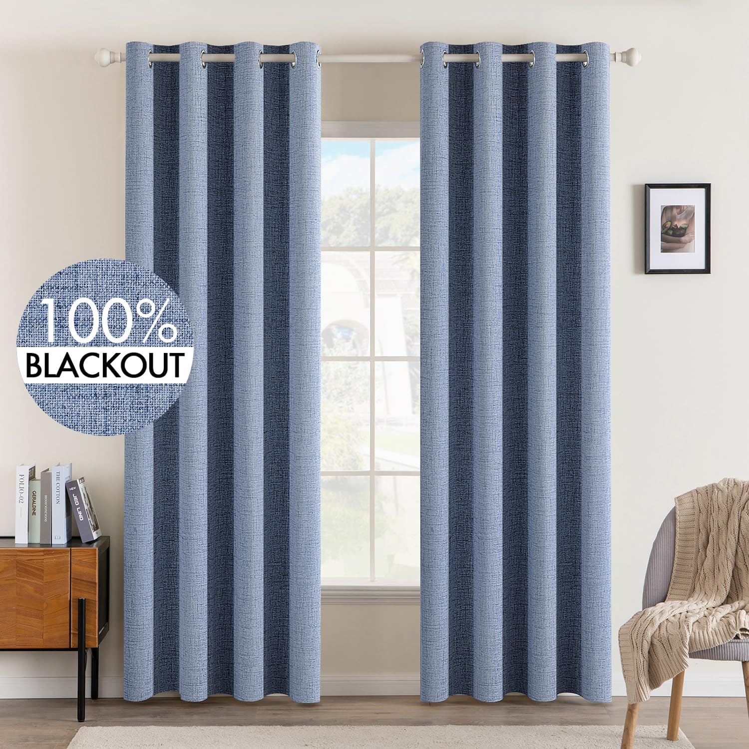 Miulee Linen Texture Curtains for Bedroom Solid 100% Blackout Thermal Insulated Stone Blue Curtains Grommet Room Darkening Drapes Luxury De…