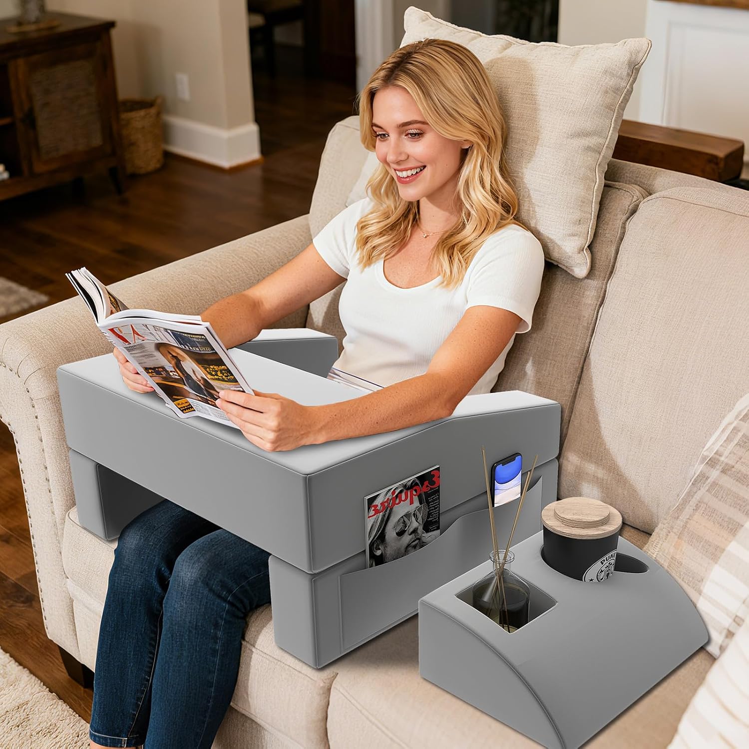 Reading Pillow for Gaming Large Lap Desk for Laptop with Back Arm Rest & Cup Holder for Adult Adjustable Gaming Pillow Memory Foam Bed…