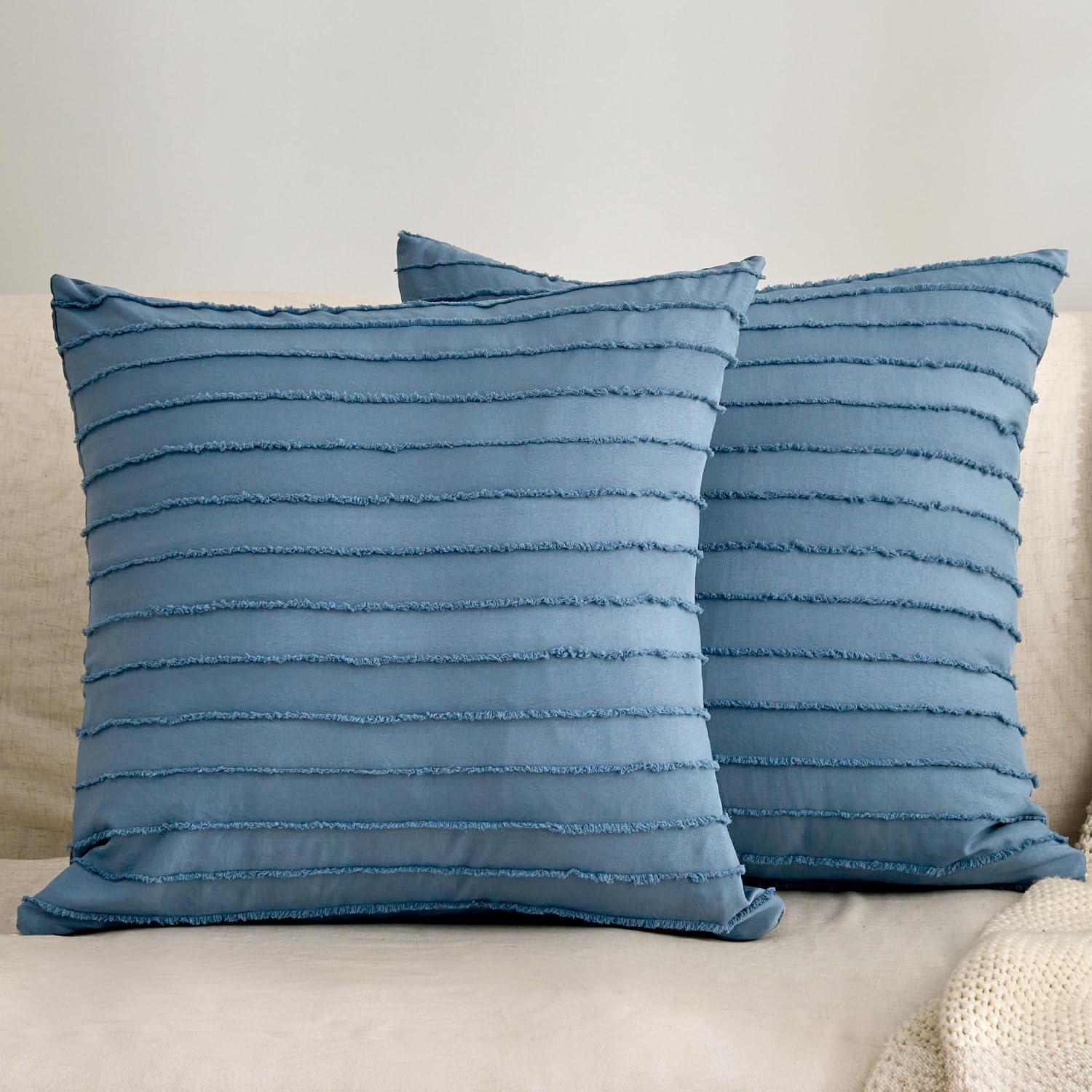 Jellymoni 2 Pack Blue Pillowcases 18" x18", Soft Microfiber Striped Tufted Pillow Covers(Pillows are not Included) 2 Pack 18 inches Blue