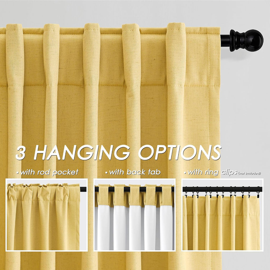 Nanspring Gold Yellow 100% Blackout Linen Curtains 96 Inches Long for Bedroom Back Tab Thermal Insulated Modern Farmhouse Decor Black Out C…