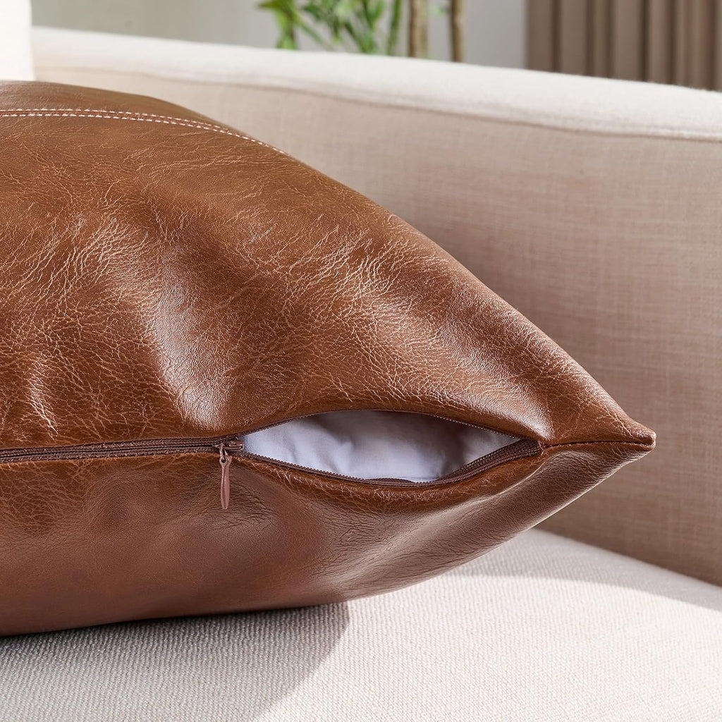 Fancy Homi Brown Boho Long Square Faux Leather Decorative Throw Pillow Covers 22x22 Inch for Living Room Couch Bed Sofa, Hand Stitched…