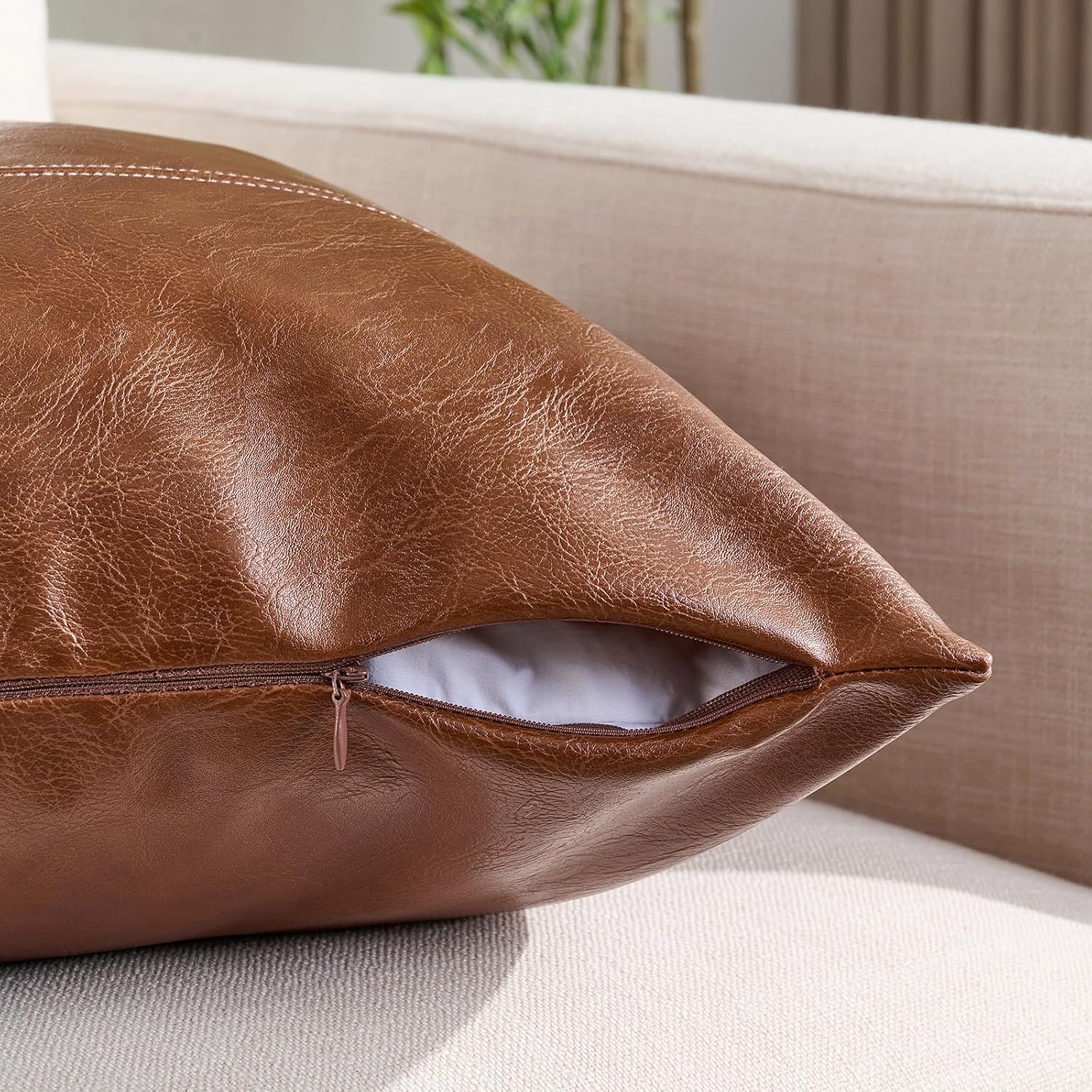 Fancy Homi Brown Boho Long Square Faux Leather Decorative Throw Pillow Covers 22x22 Inch for Living Room Couch Bed Sofa, Hand Stitched…