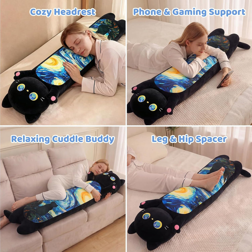 Mewaii Long Cat Plush 5 Sizes, 120% Extra Filling Giant Plushness Kids Body Pillow, Kawaii Cute Black Starry Cat Stuffed Animals…
