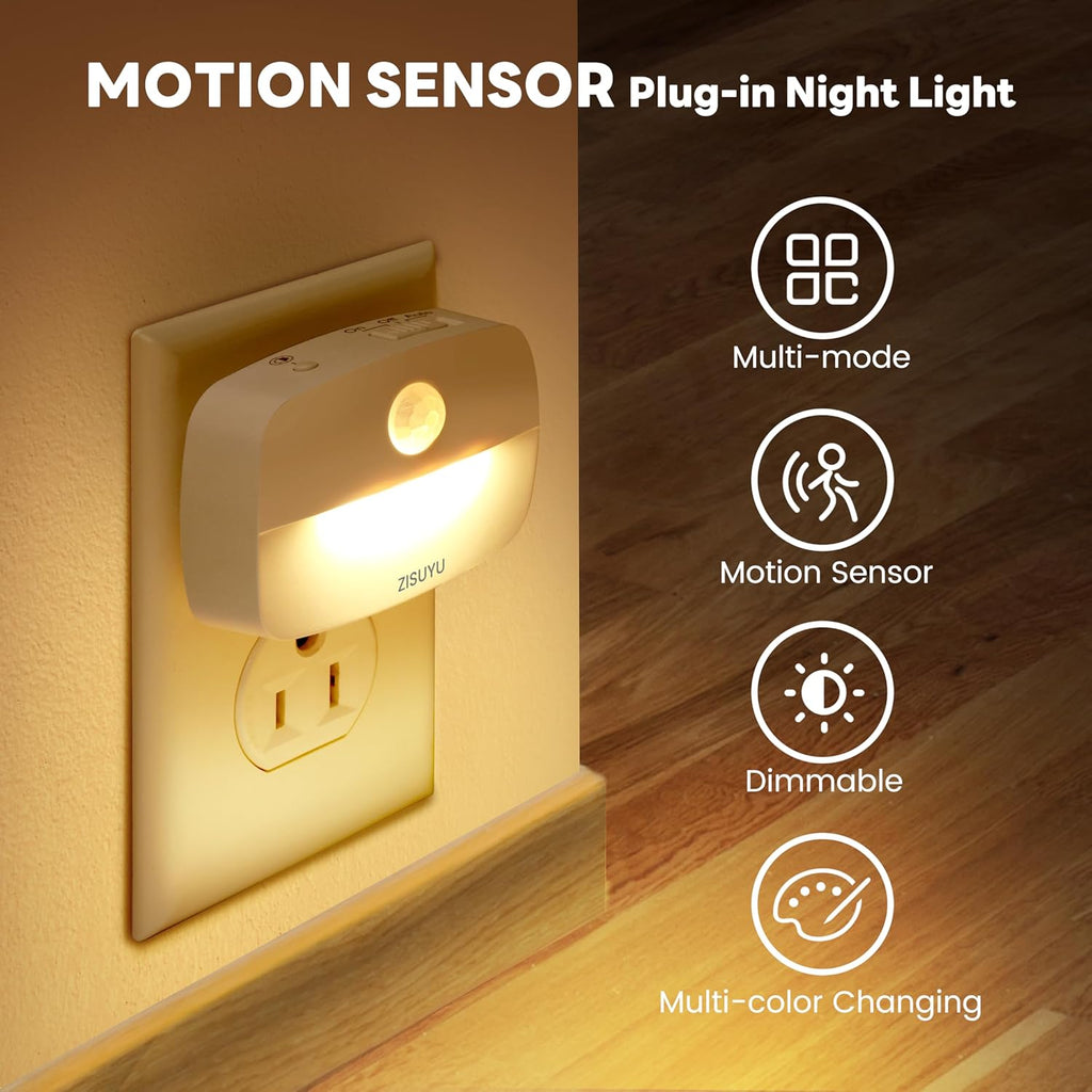ZISUYU Plug-in LED Night Light with Motion Sensor, 10-60lm Dimmable Nightlight with Multi-Mode & Color-Changing, Ideal for Bedroom…