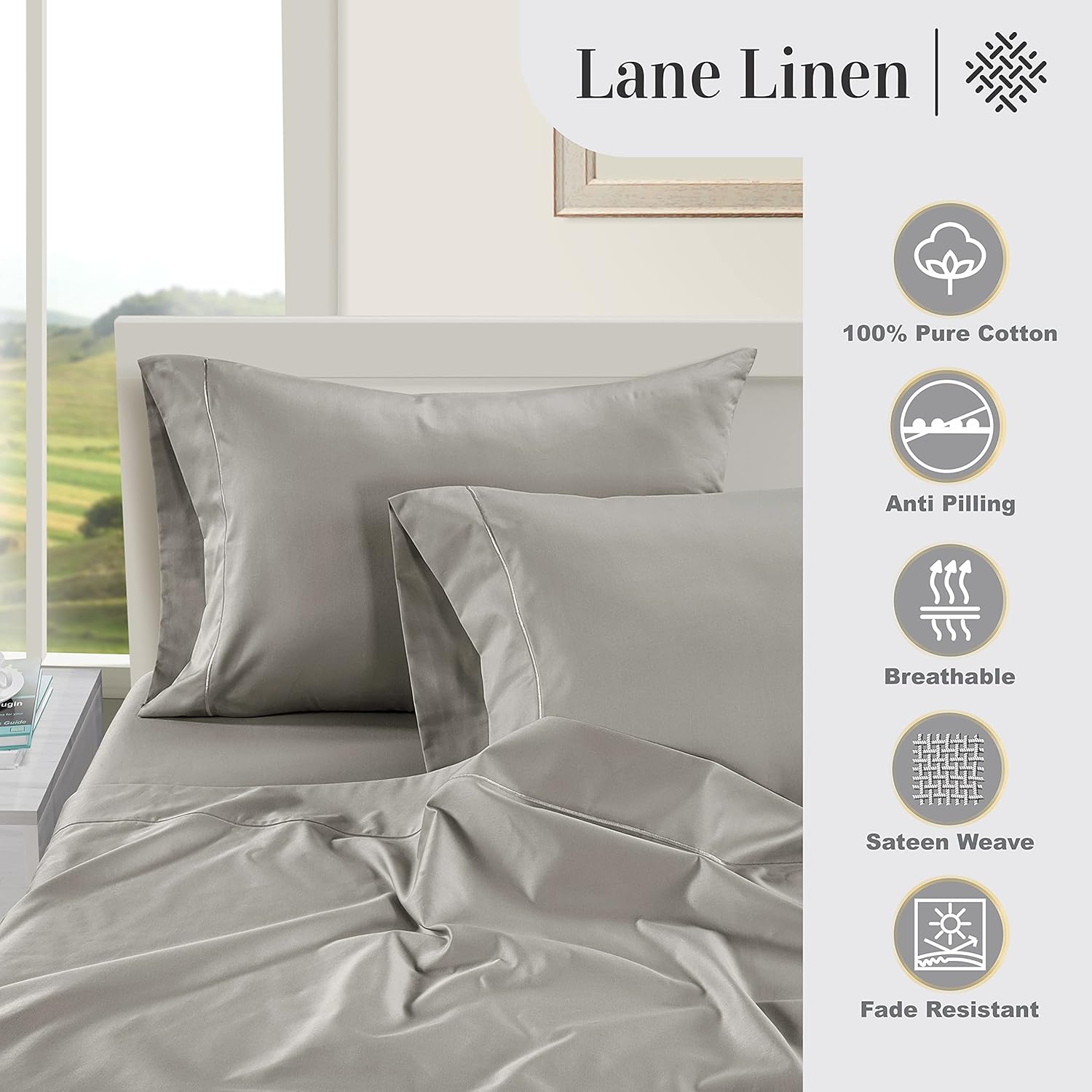 LaneLinen LANE LINEN Pillows Queen Size Set of 2 Soft 100% Egyptian Cotton Cool & Smooth Pillow Cases - Silver Cotton Silver