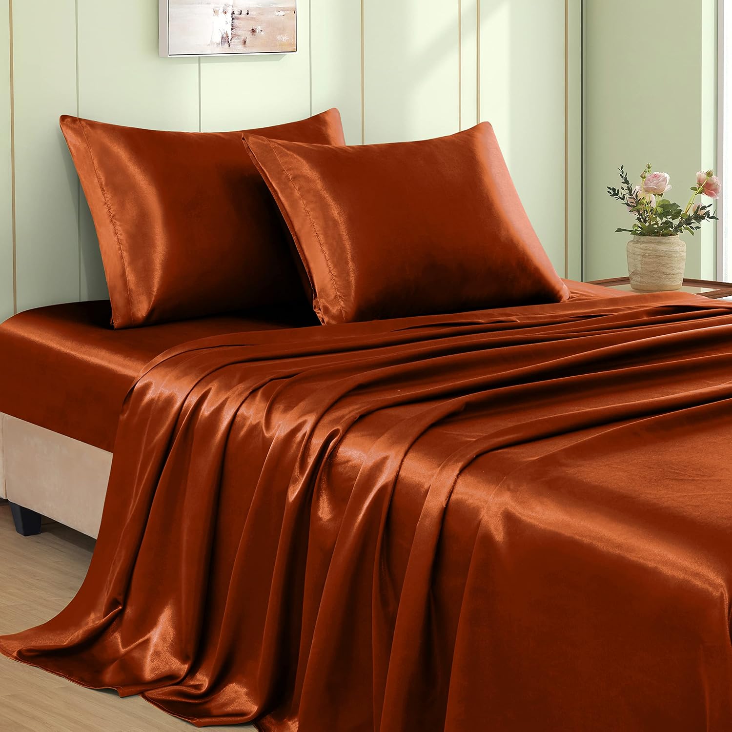 VACVELT 4pcs Rust Orange Satin Sheets Queen Size Bed Set, 15 Inch Deep Pocket Silky Satin Sheet Set, Soft Satin Bedding Set Cooling &…