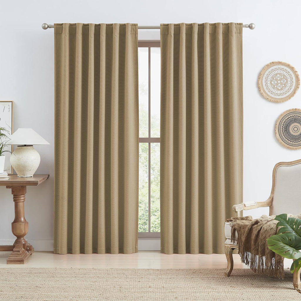 Keqiaosuocai Tan Brown Burlap 100% Blackout Linen Textured Curtains 96 Inch Long Back Tab Hook Belt Pleated Look Country Farmhouse Thermal…
