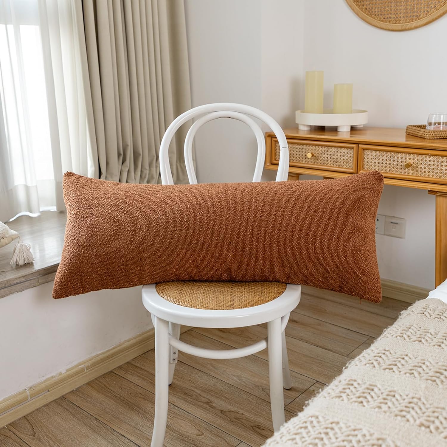 JoraLion 14x36 inch Boucle Lumbar Pillow Cover, Rust Woven Texture Neutral Long Pillow Cover Breathable Cushion Case for Couch Sofa Bed…