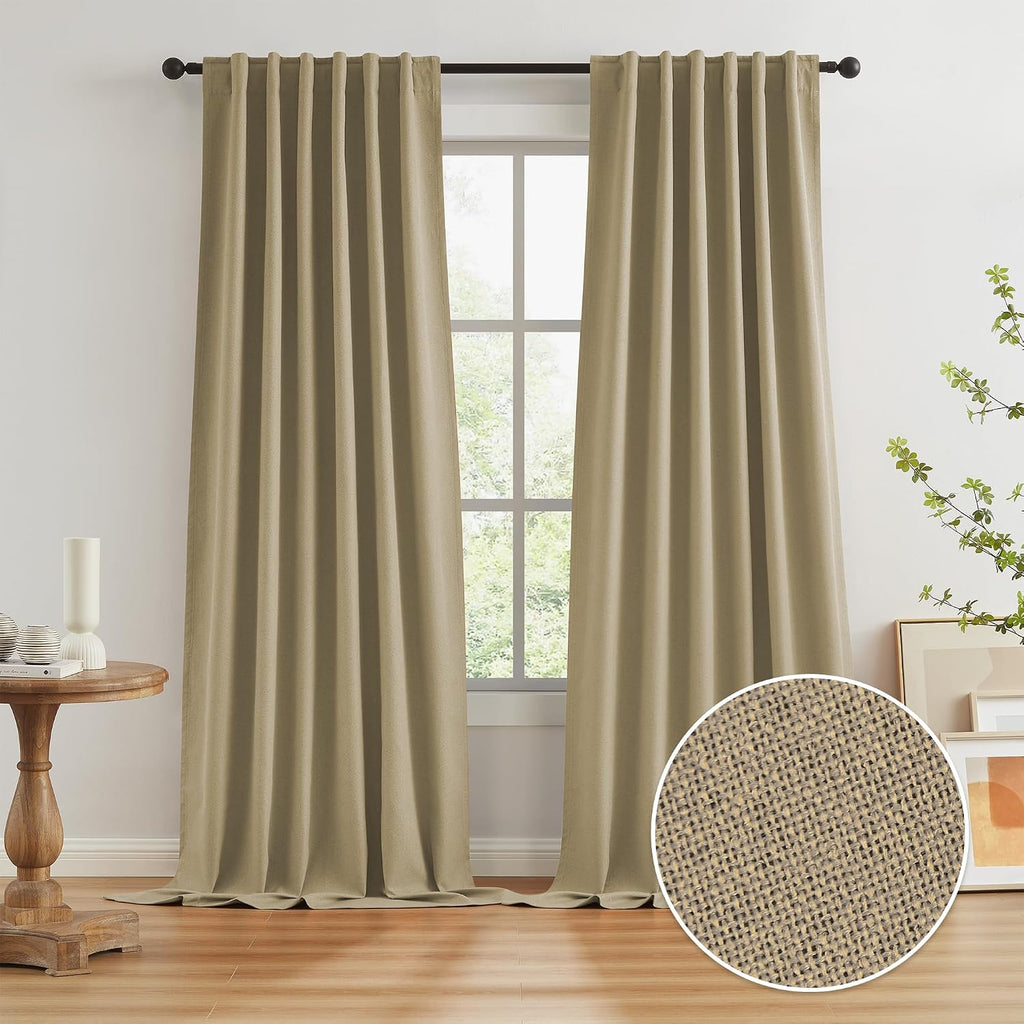 Keqiaosuocai Burlap Linen Blackout Curtains for Ceiling Track System Back Tab, Loop Pocket Curtains Pinch Pleated Drapes for Patio Sliding…