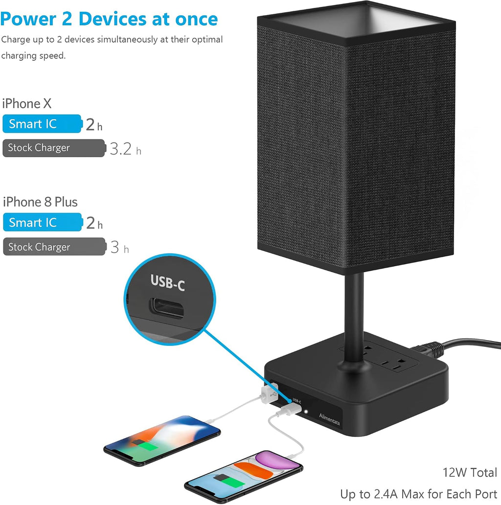 Bedside Table Lamp with Touch Control & USB C+A Charging Ports LED Desk Lamp with 2 AC Outlets, Minimalist Nightstand Light with Black…