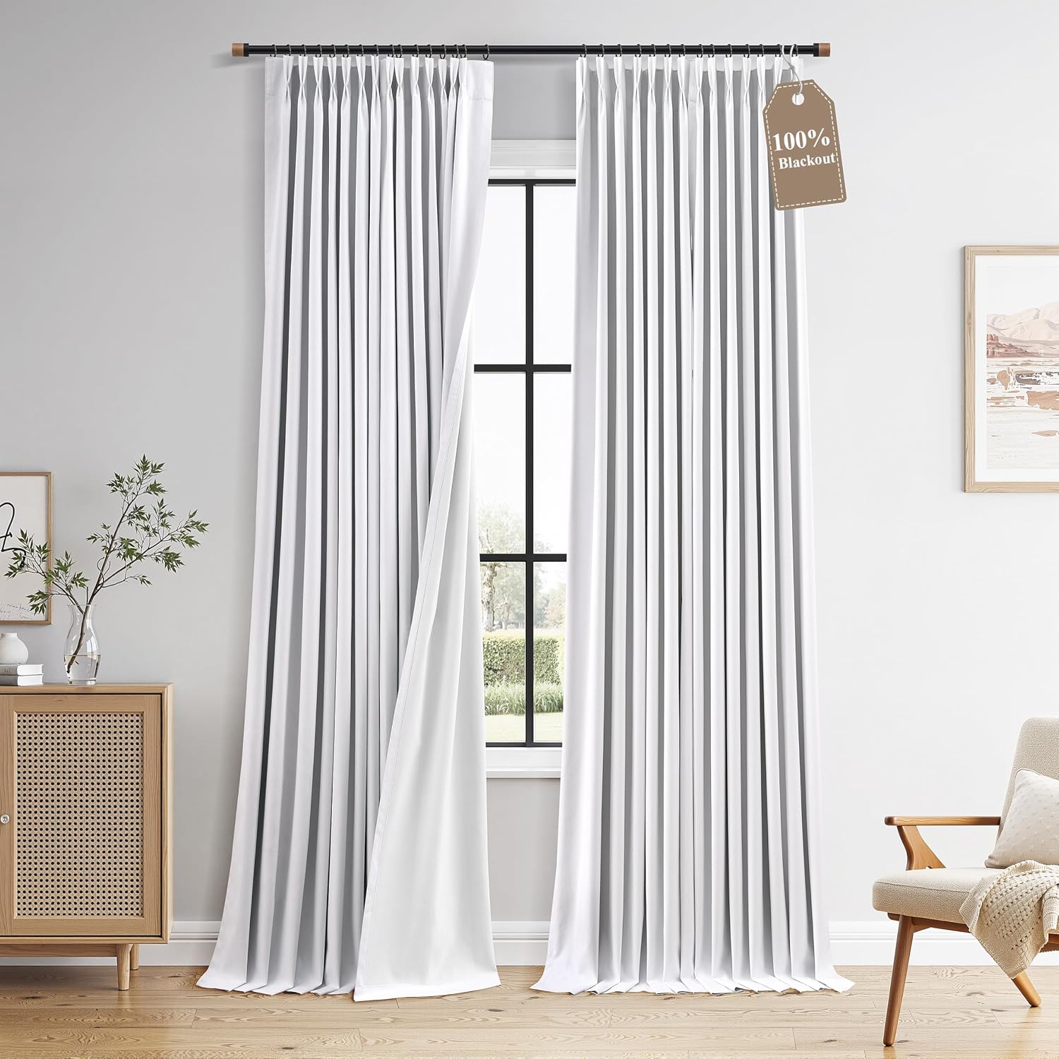 Boodii Snow White 96 Inch 100% Blackout Pinch Pleated Linen Curtains for Bedroom Living Room 2 Panels Set Farmhouse Back Tab Boho with Ther…