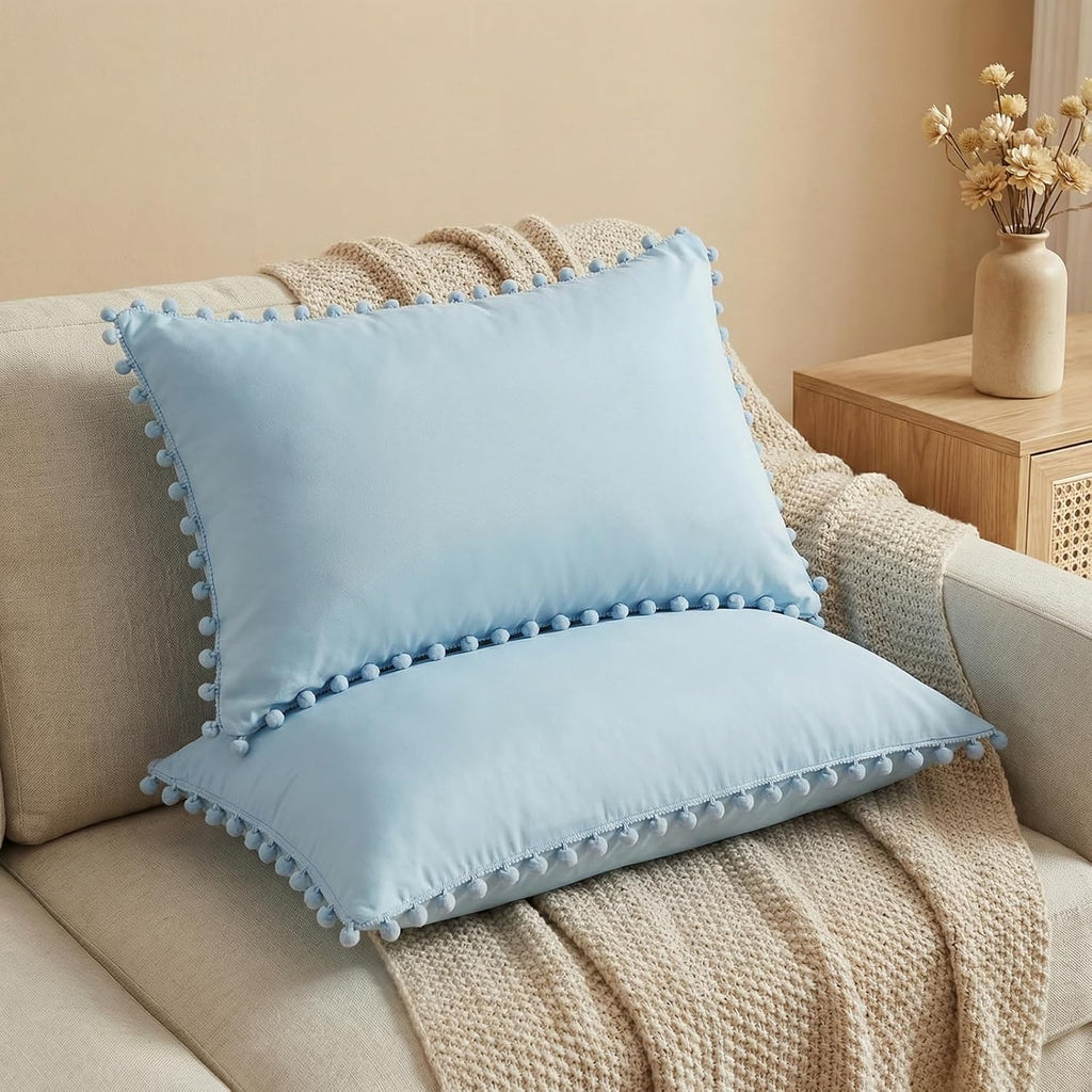 Moveover Sky Blue Pom Poms Pillowcases, Blue Standard Pillow Cases Set of 2, 100% Washed Microfiber, Pale Blue Ball Fringe Pillow Cover, 2 P…