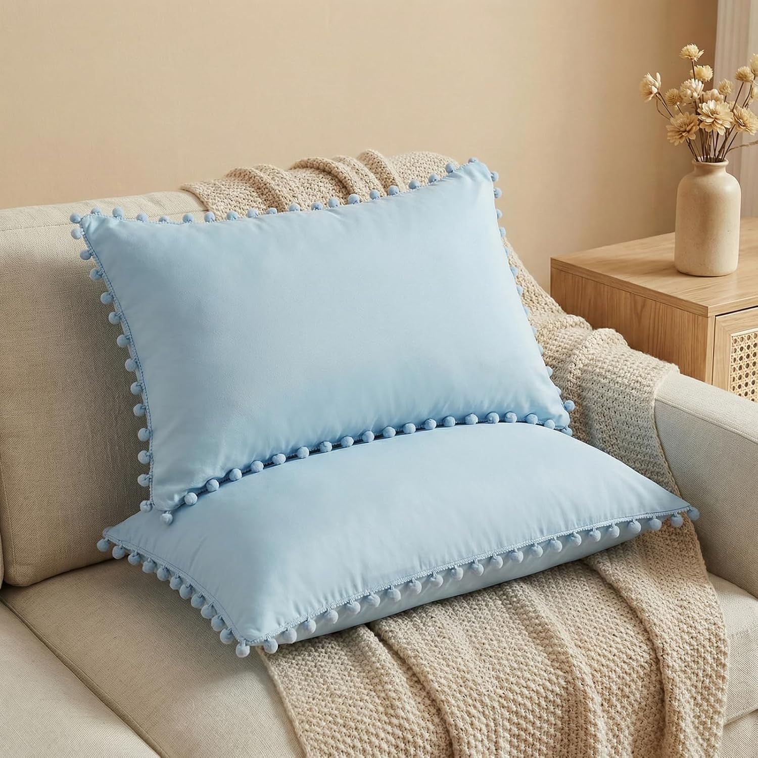 Moveover Sky Blue Pom Poms Pillowcases, Blue Standard Pillow Cases Set of 2, 100% Washed Microfiber, Pale Blue Ball Fringe Pillow Cover, 2 P…