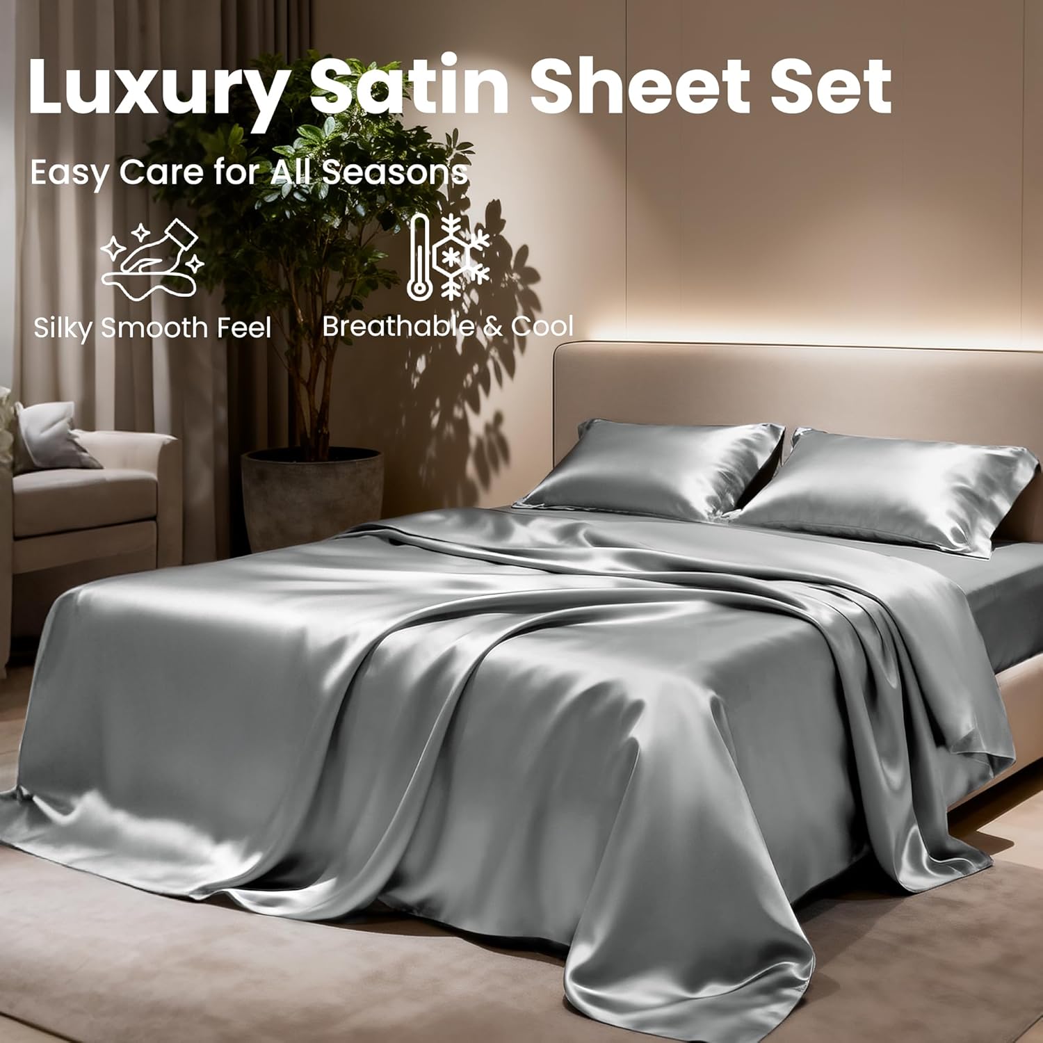 Lovescabin Love's cabin California King Satin Sheet Sets - 4 Piece Dark Grey Silky Sheets Bed Set with Deep Pocket, Luxury Silk Feel Satin…