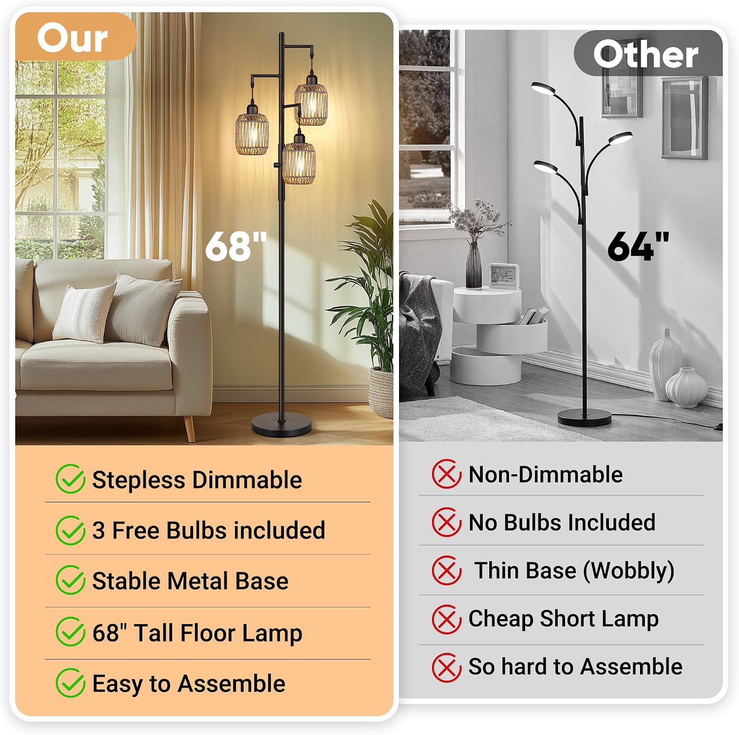 ROTTOGOON Dimmable Boho Floor Lamp - 3 Light Farmhouse Rattan Floor Lamp for Living Room, Industrial Tree Floor Lamps with 3 X 6W LED…