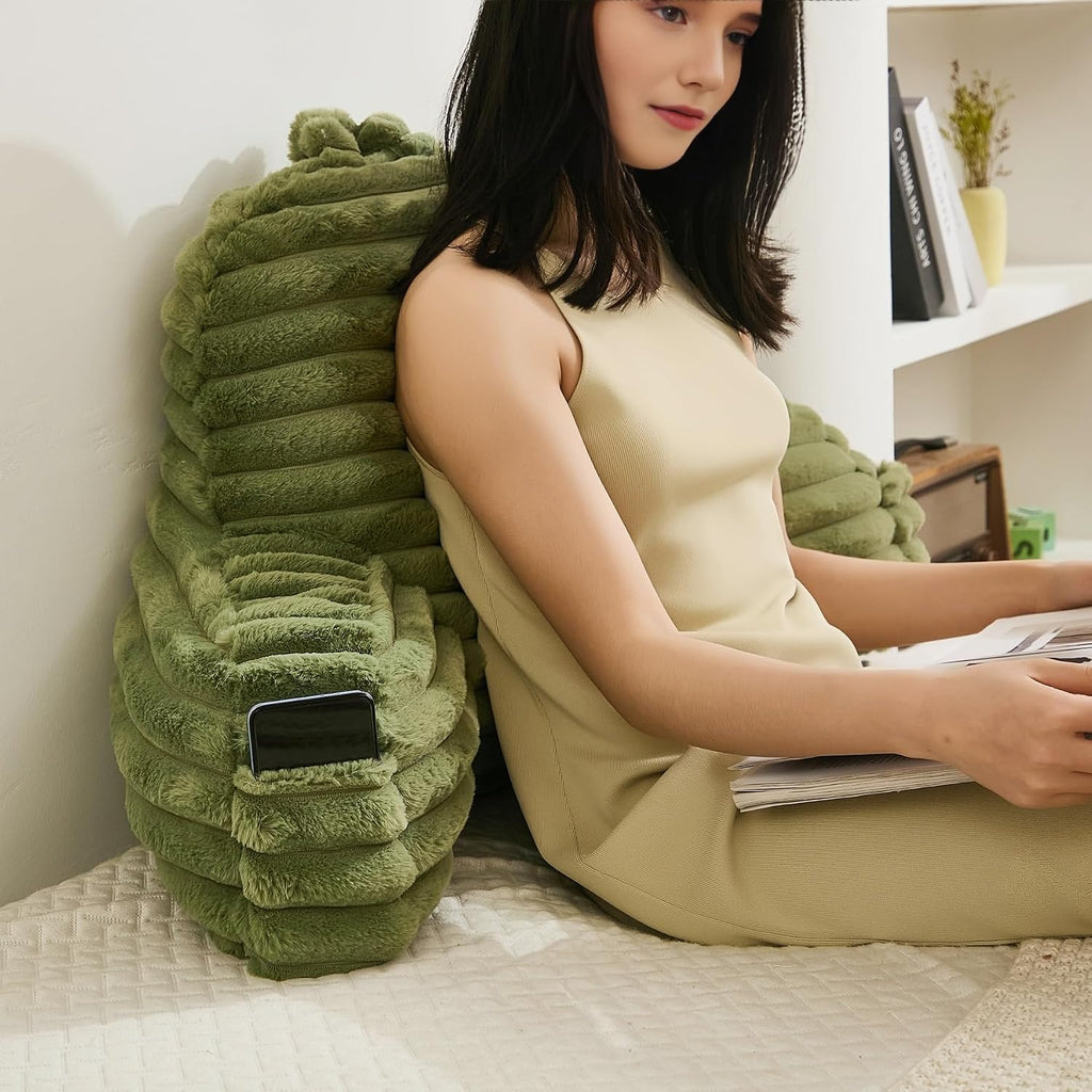 Memfydu Faux Fur Fluffy Sage Reading Pillow with Pockets, Luxury Striped Plush Decorative, Arm Rests and Back Support for Bed Rest, Loungin…