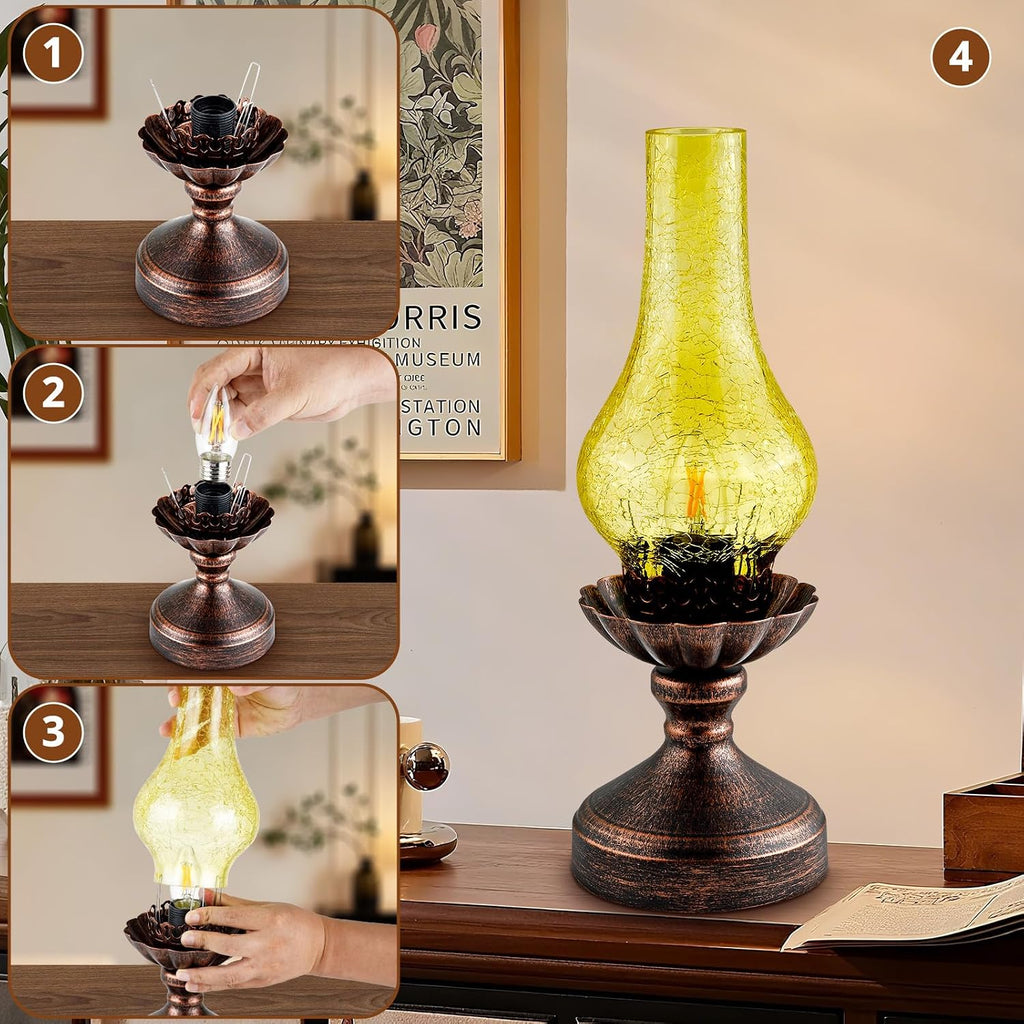Vintage Table Lamp, Touch Control & 3-Way Dimmable Rustic Retro Farmhouse Bedside Lamp with Amber Glass Shade and LED Bulb for Bedroom…
