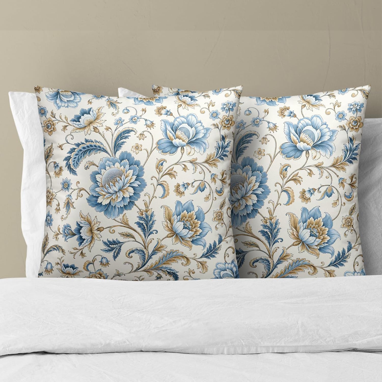 Blue Flowers Chinoiserie Print Throw Pillow Covers 22x22 Inch Set of 2 Vintage Floral Boho Cottage Spring Fall Decor Cushion Cover…