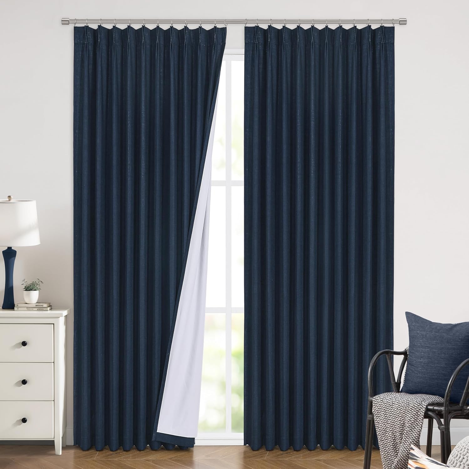 VisionHome Vision Home Navy Blue Pinch Pleated Full Blackout Curtains Linen Blended Room Darkening Window Panels 90 inch for Living Room Be…