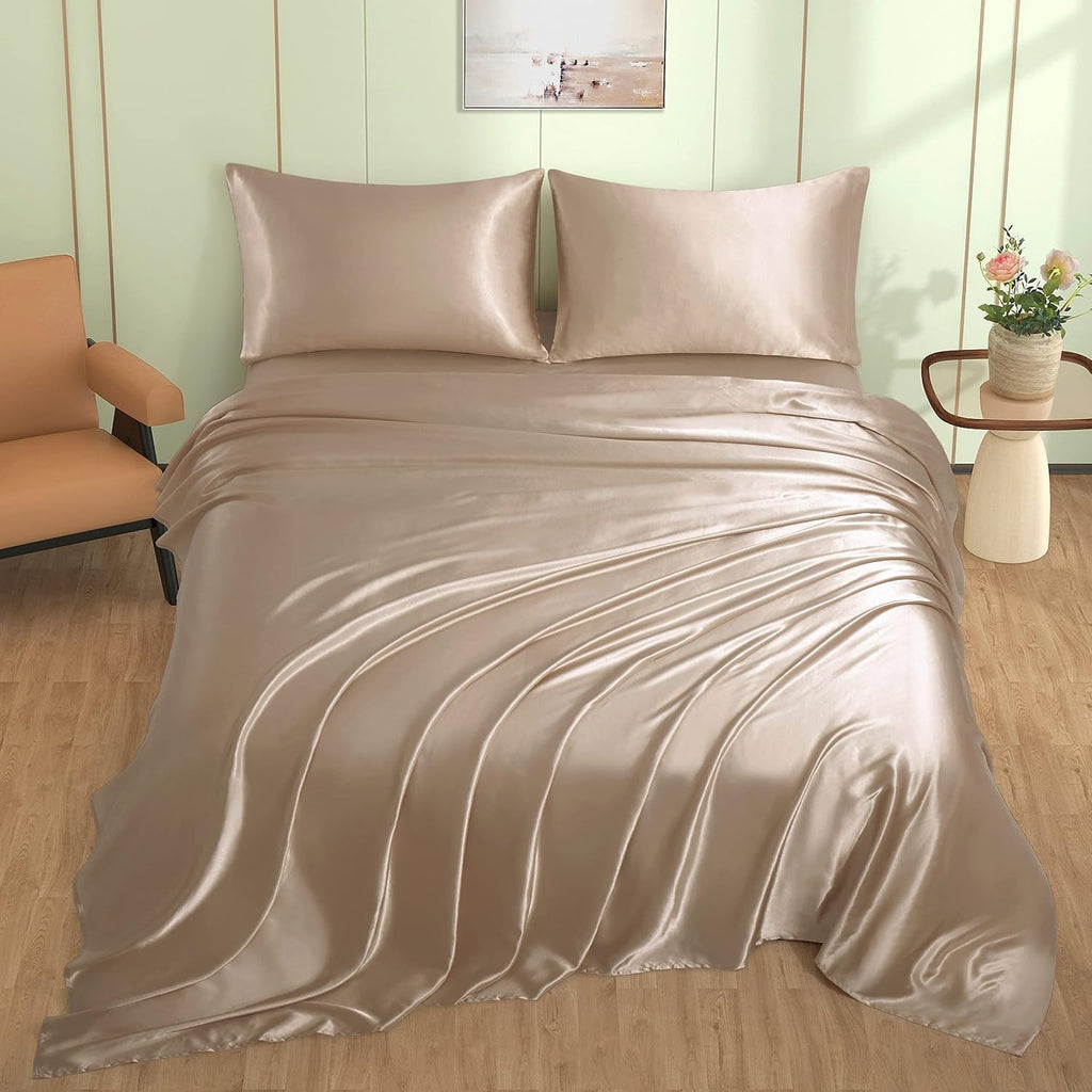 VACVELT 3pcs Beige Satin Sheets Twin Size Bed Set, 15 Inch Deep Pocket Silky Satin Sheet Set, Soft Satin Bedding Set Cooling & Luxury Bed…