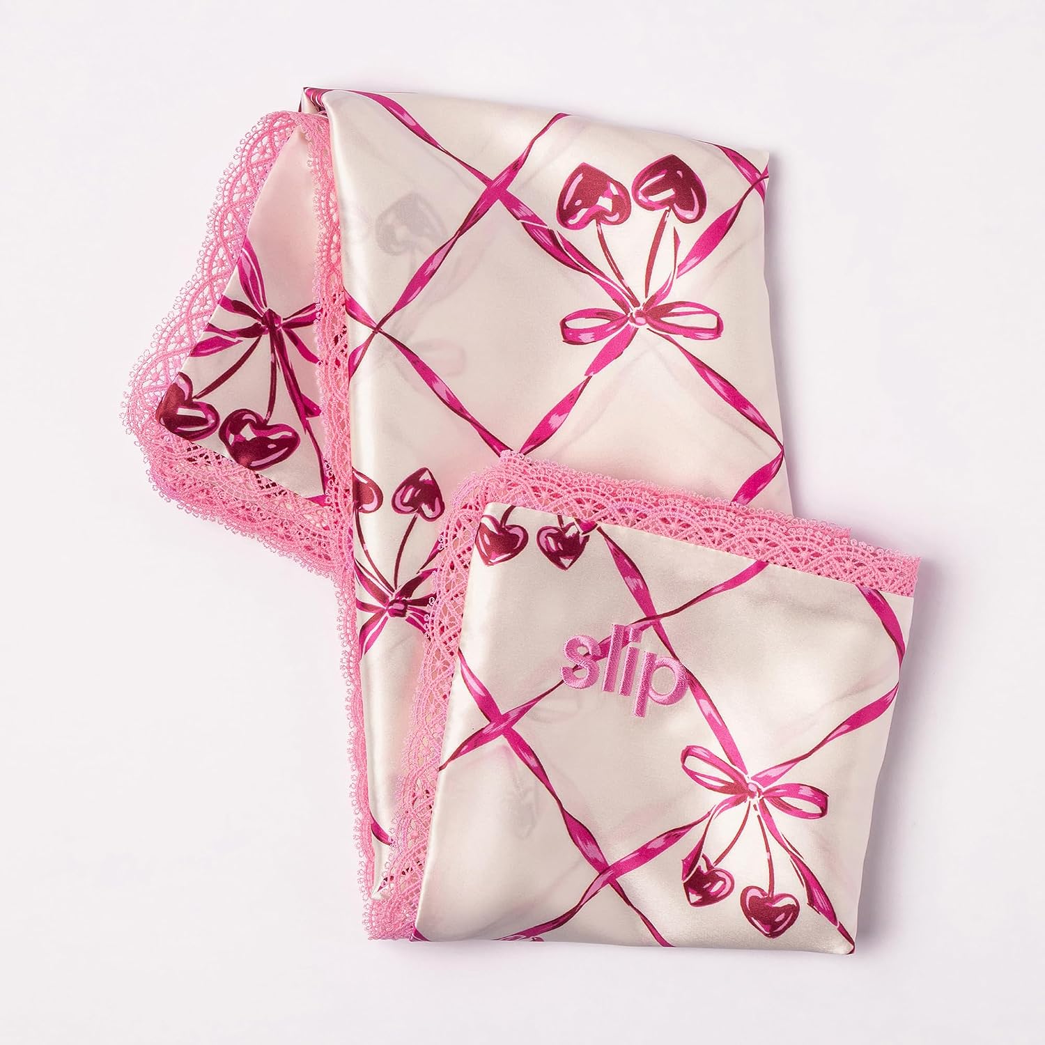 slip Queen Silk Pillowcase – Sweet Cherry Limited Edition with Lace Trim – 100% Pure Mulberry SlipsilkTM – Anti-Frizz, Anti-Crease…