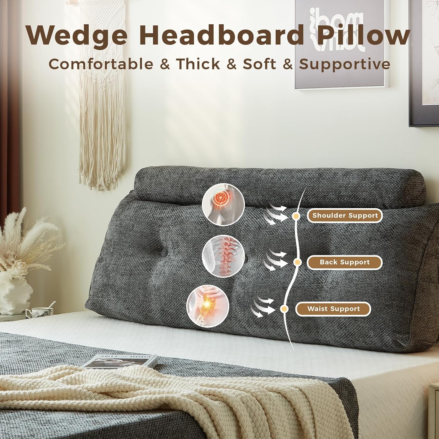 Headboard Pillow for Queen – Chenille Large Triangular Wedge Pillow for Headboard Gap, Daybed and Couch Backrest, Reading and Sitting Up…