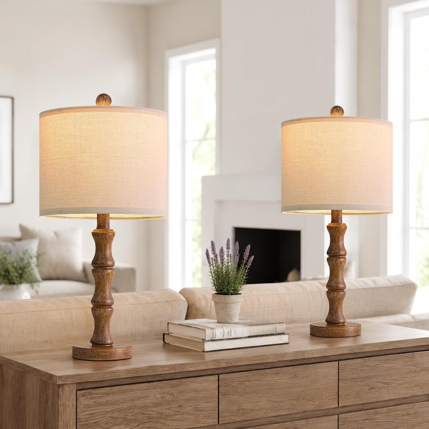 BOBOMOMO 20.5" Rustic Table Lamps Set of 2, Farmhouse Nightstand Lamp with Wood Grain Resin Base & Linen Shade, Small Bedside Lamp for…