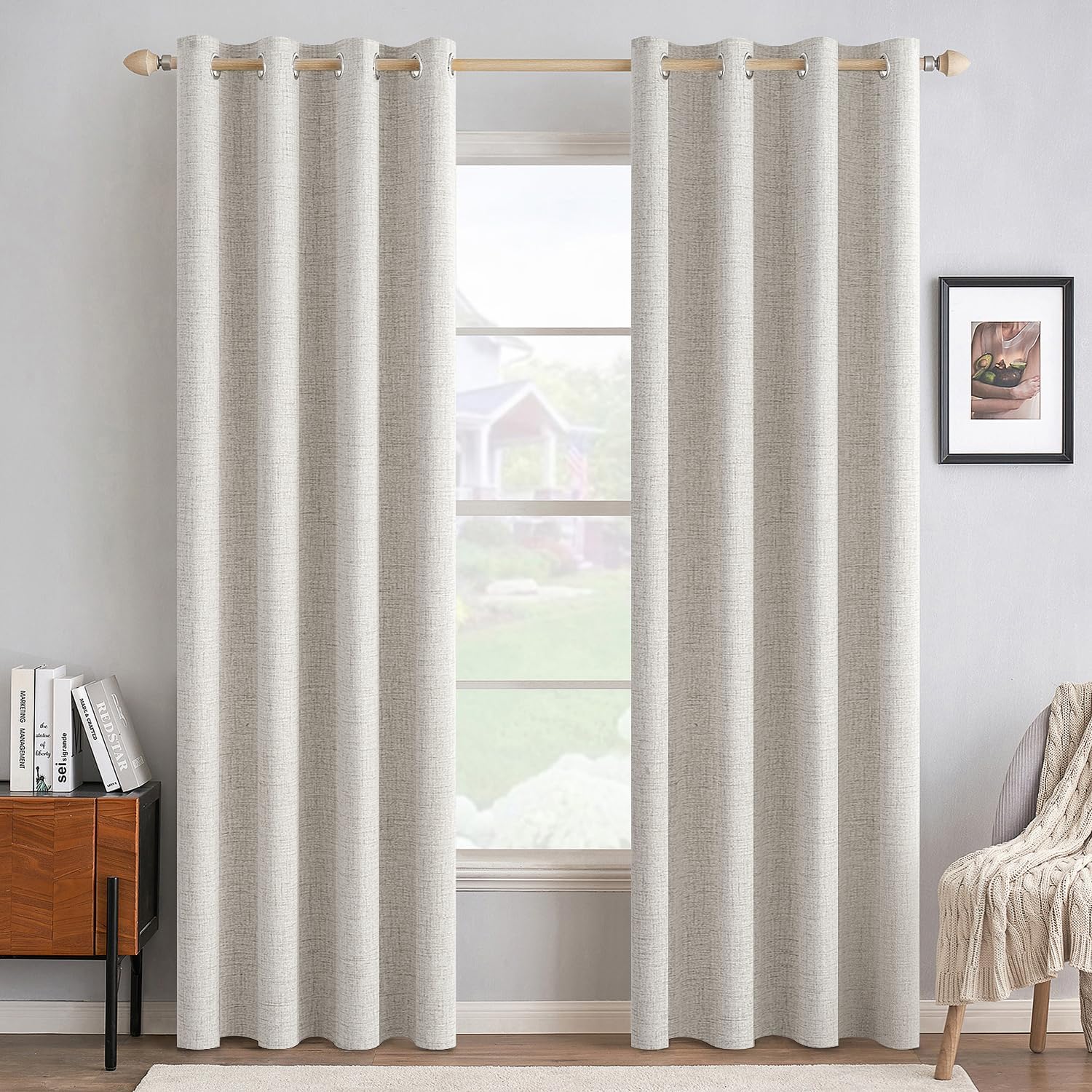 Miulee 100% Blackout Linen Textured Curtains for Bedroom Solid Thermal Insulated Cream White Grommet Room Darkening Curtains & Drapes Luxur…