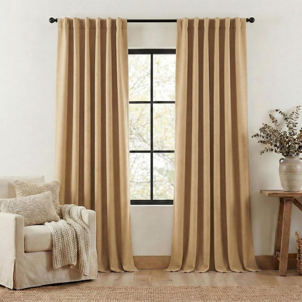 Nicetown Thick Faux Linen Room Darkening Caramel Curtains 96 inches Long, Pinch Pleated Faux Linen Curtains Thermal Insulated Window Treatm…