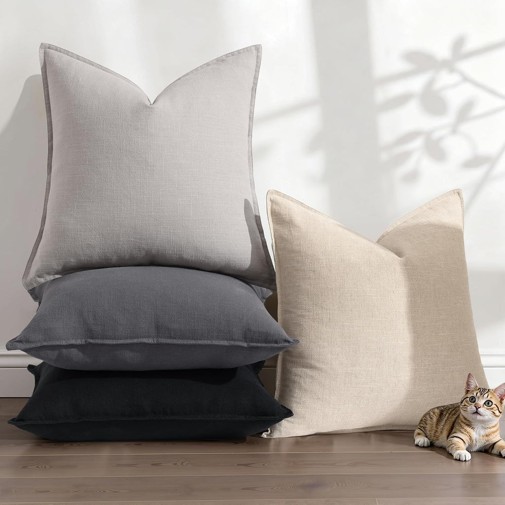decorUhome Summer Decorative Linen Euro Sham Throw Pillow Covers 26x26 Inch Set of 2 Light Grey Pillow Covers with Flange Edges Soft Farmho…