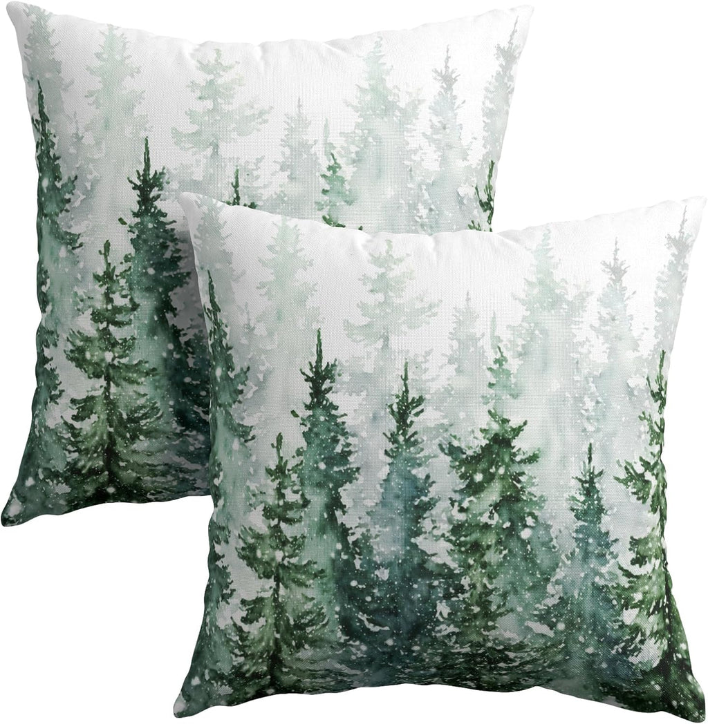 Granbey Winter Forest Pillow Covers 16x16 Inch 2Pcs Watercolor Green Misty Pine Tree Nature Landscape Throw Pillows Cover Mountain Square C…