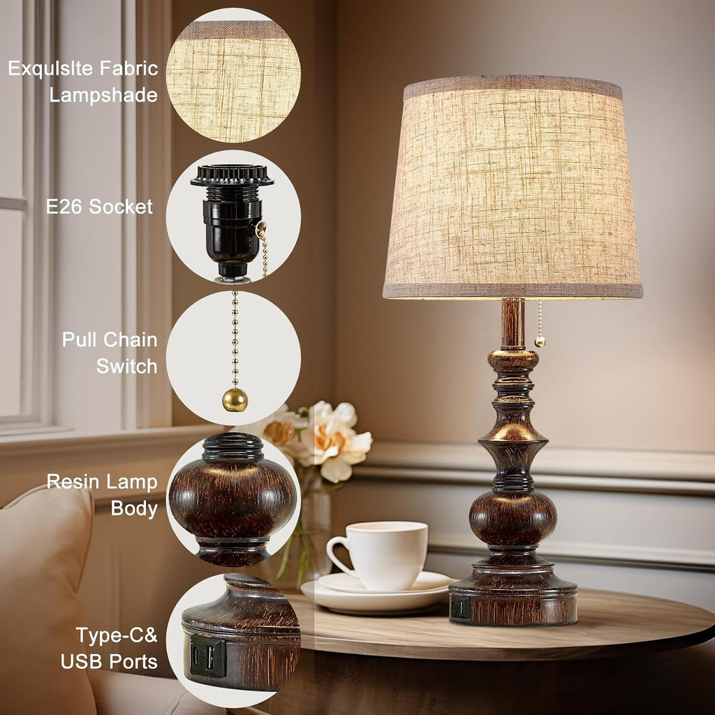 Drawealth 22'' Farmhouse Bedside Table Lamps Set of 2 for Bedroom Nightstand Lamps with USB A+C Charging Ports Traditional Small Table…