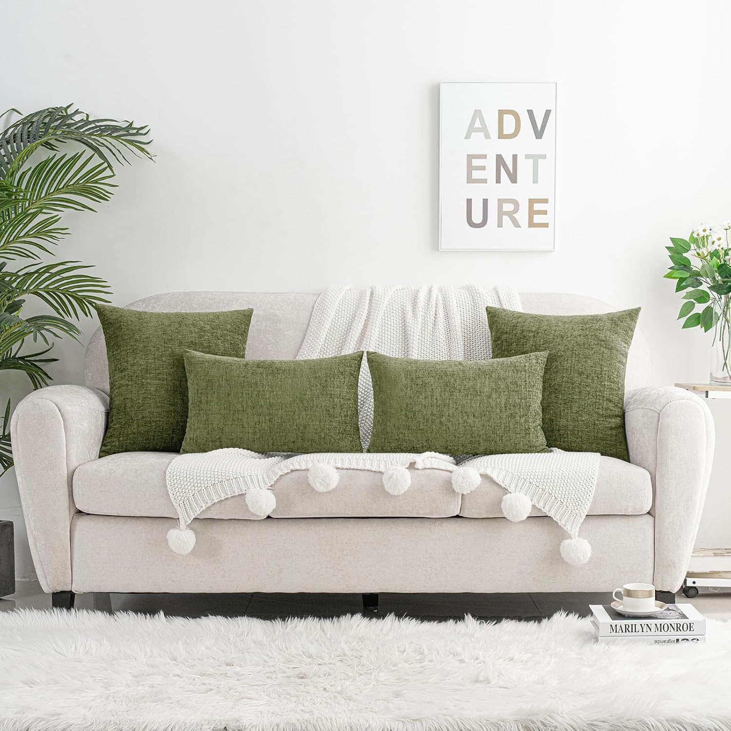 Hwy50 HWY 50 Sage Green Couch Pillow Covers 16x16 Inch Pack of 2, Soft Chenille Decorative Throw Pillow Cases Farmhouse for Spring Sofa Liv…