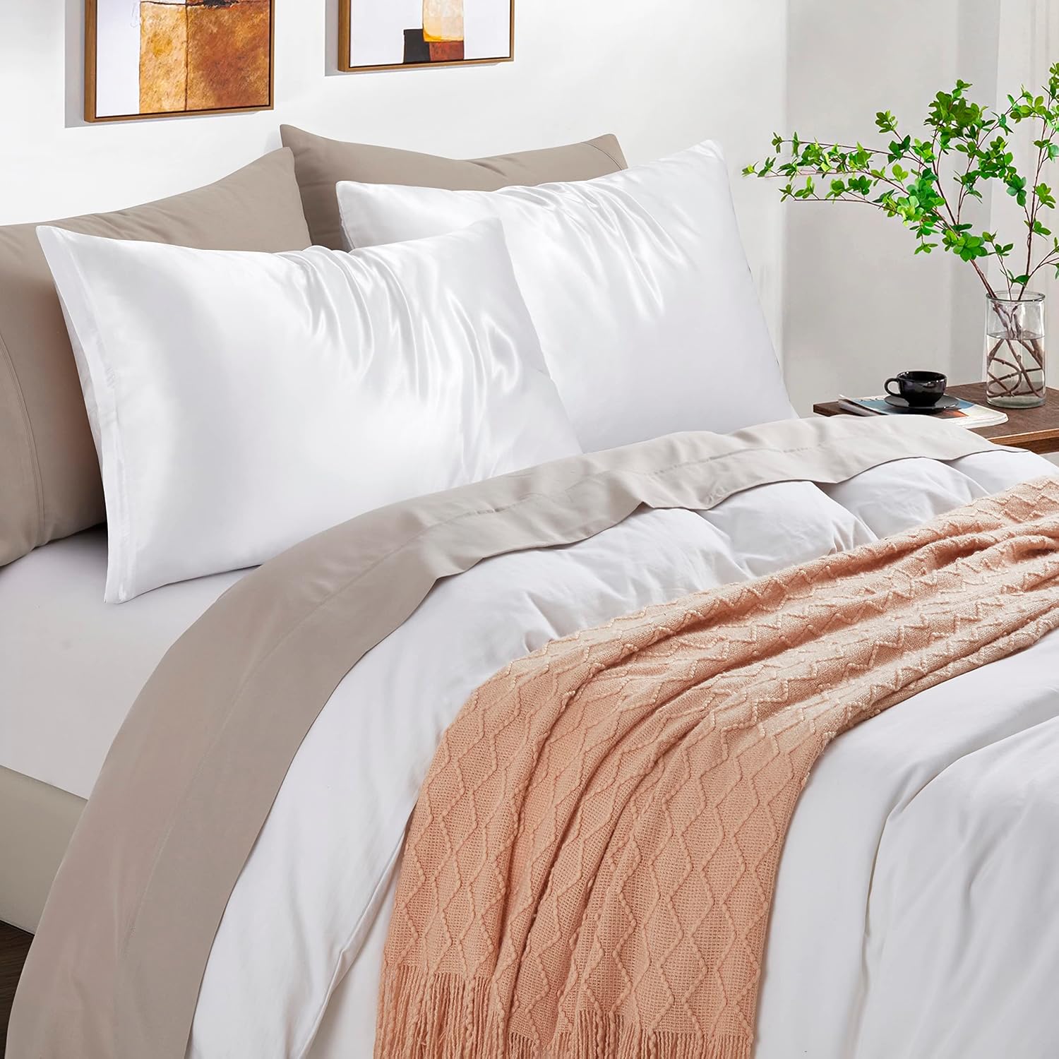 HommxJF Satin Pillowcases with Zipper (20x26), Standard Size Pillowcases Set of 2, White Silk Pillowcase for Hair and Skin White