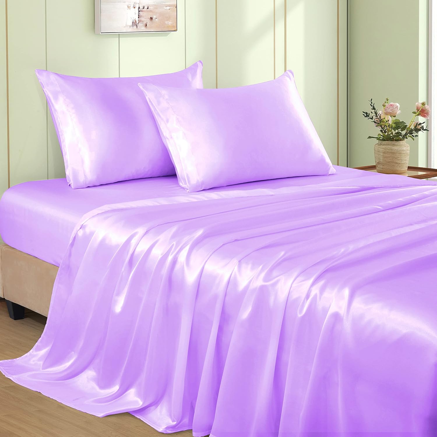 VACVELT 4pcs Lavender Satin Sheets King Size Bed Set, 15 Inch Deep Pocket Silky Satin Sheet Set, Soft Satin Bedding Set Cooling & Luxury…