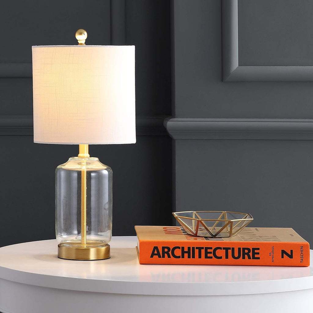 JONATHAN Y 19.5" Brass Gold and Clear Glass Table Lamp, Glam Transitional Bedside Lamp for Living Room Nightstand, White Linen Drum…