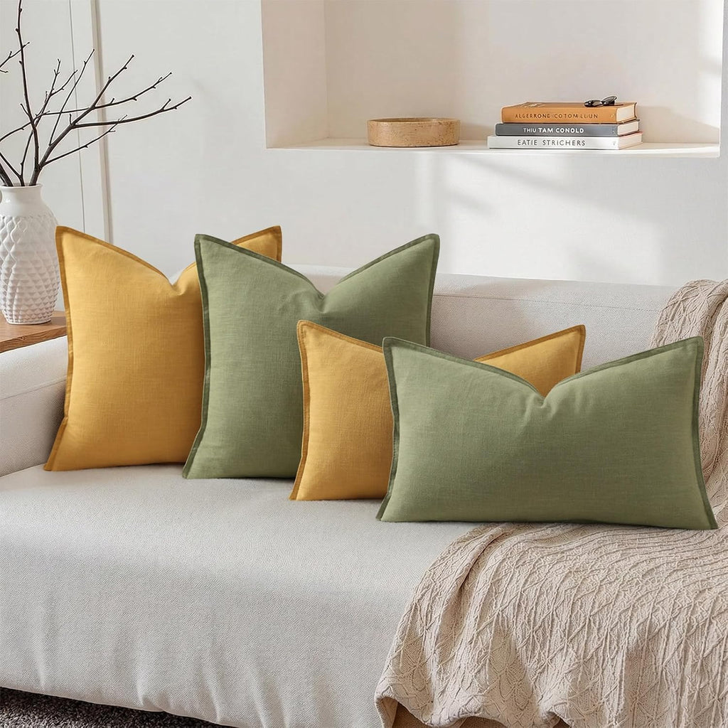 decorUhome Summer Decorative Linen Throw Pillow Covers 12x20 Inch Set of 2 Mustard Yellow Lumbar Pillow Covers with Flange Edges Soft Farmh…