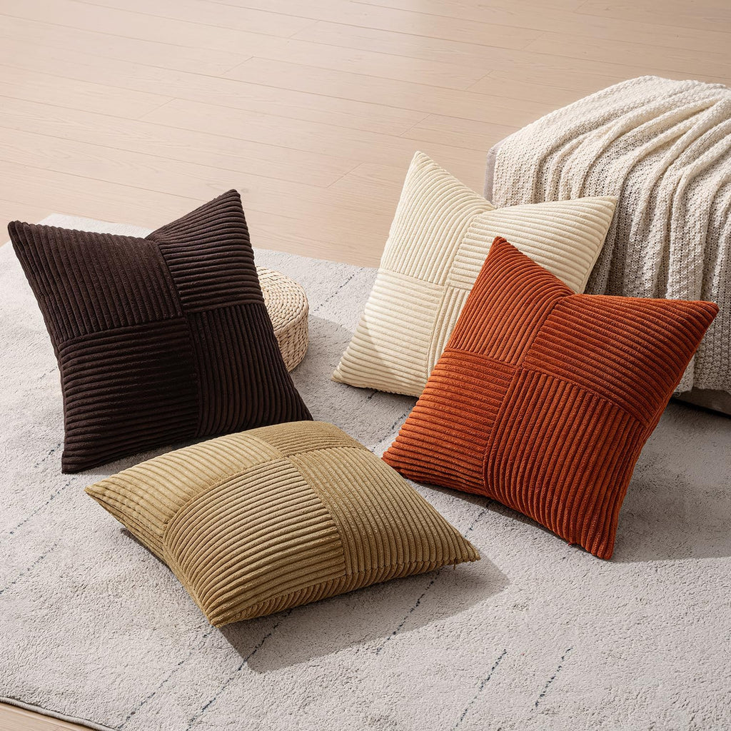 Miulee Brown Beige Throw Pillow Covers 16x16 Inch Set of 4 Boho Farmhouse Cushion Cases for Livingroom Couch Bed Soft Corduroy Pillow Cases…