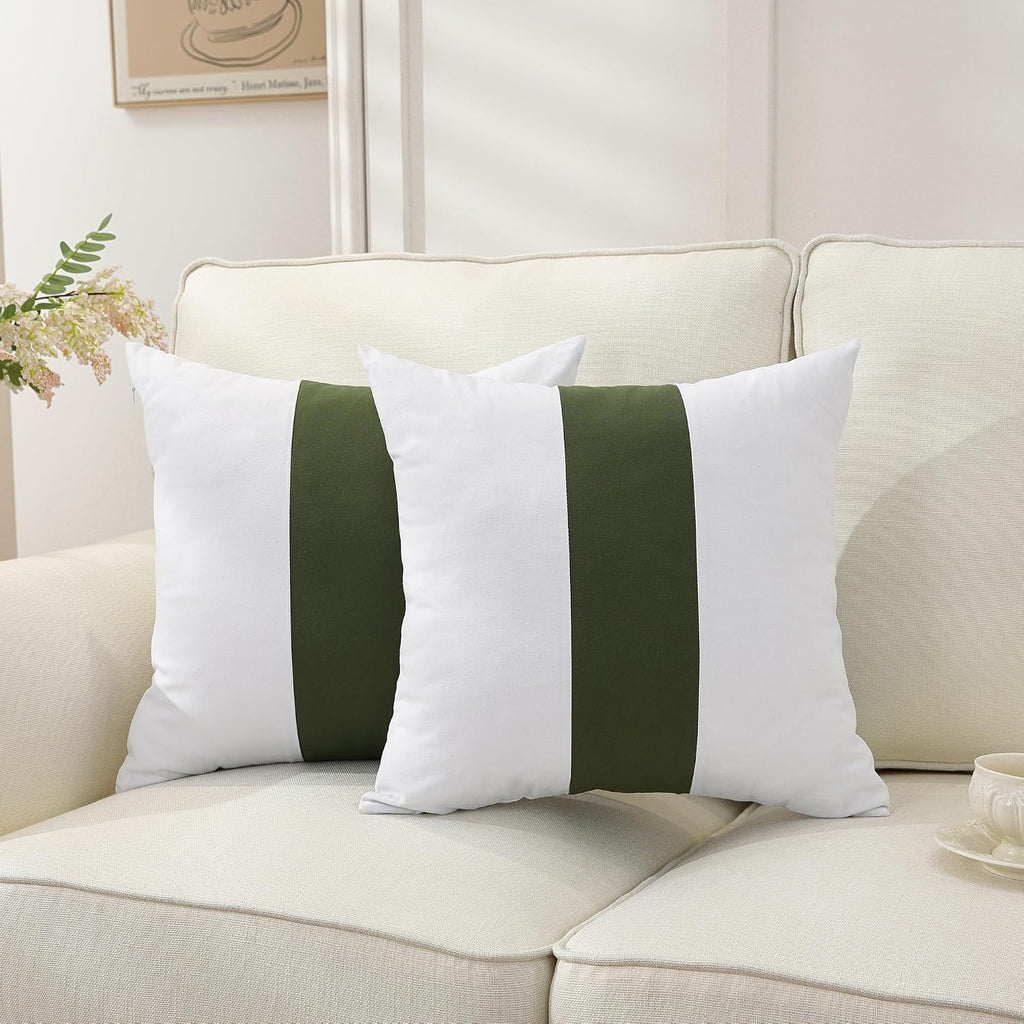 TAOSON Set of 2, 100% Cotton Canvas Patchwork Throw Pillow Covers 20x20 Inch Modern Olive Green Striped Pillow Cushion Covers Farmhouse…