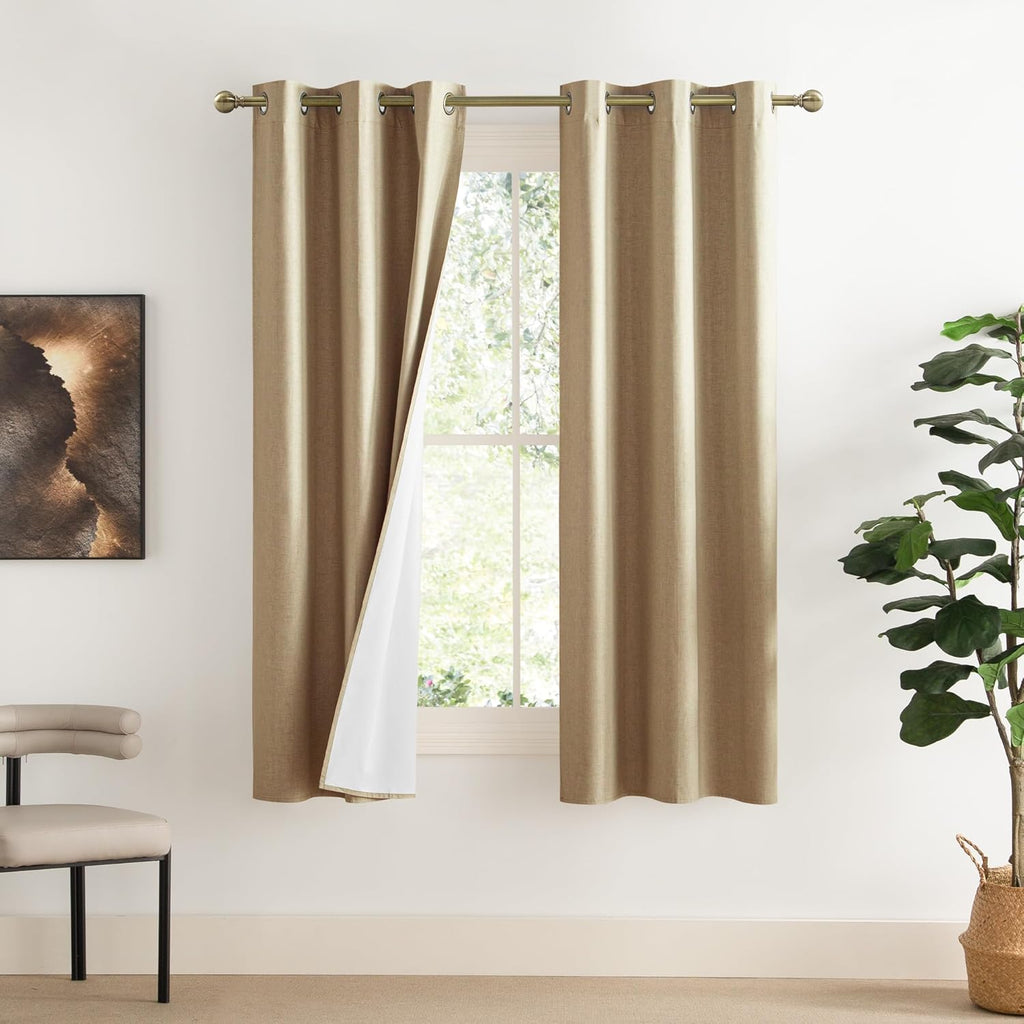NICETOWN 100% Absolutely Blackout Linen Curtains with Thermal Insulated White Liner, Camel, W34 x L70, 2 Panels, Long Curtains 70 inch…