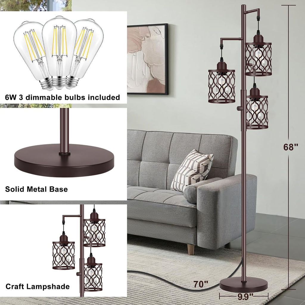 68" Farmhouse Floor lamp, Dimmable Industrial Floor Lamps for Living Room, 3 Light Rustic Standing Tall Lamp Including 3 PCS 6W E26…