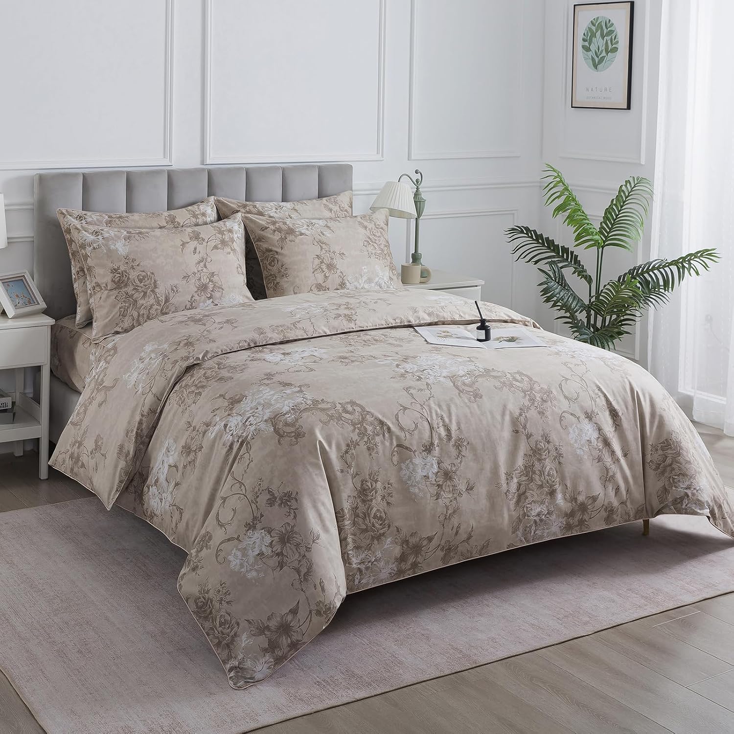 Puralens Dark Beige Moody Floral Duvet Cover, Queen 100% Cotton Percale Neutral Flower Patterned Comforter Cover Set, French Country Soft C…